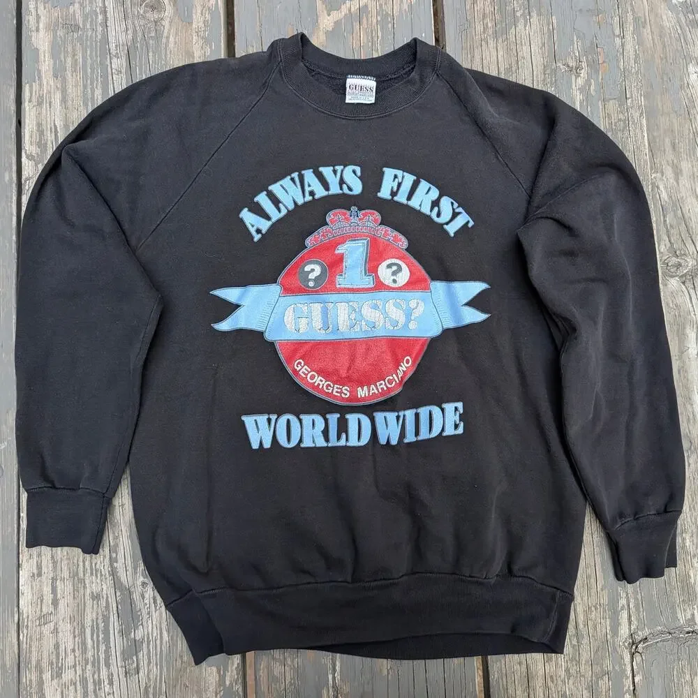 Vintage 90s Guess Georges Marciano Sweatshirt Large Black Made in USA Big Logo